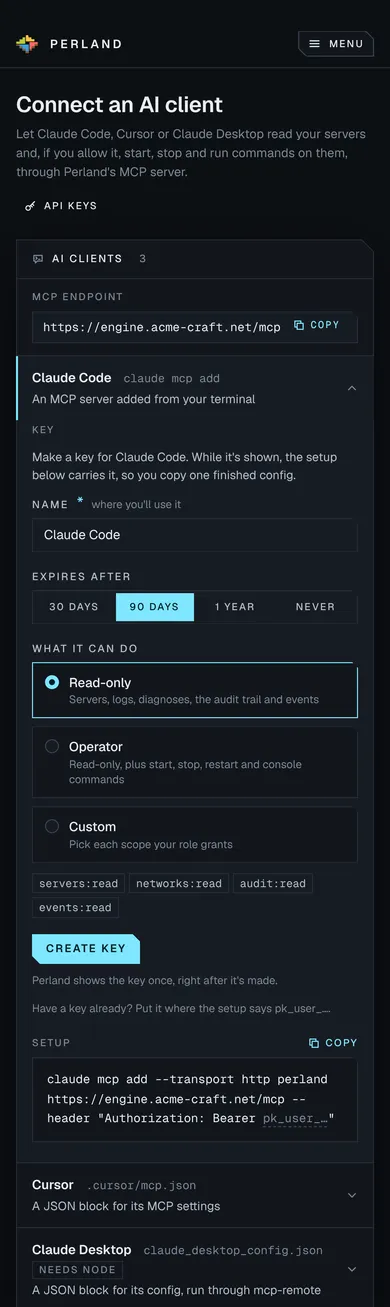 Connect an AI client: Perland's MCP address, Claude Code open with a key being made, read-only chosen over operator and custom, and the finished command to add Perland to Claude Code, with Cursor and Claude Desktop below.