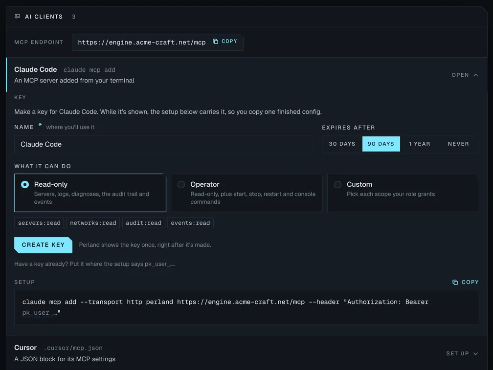 Connect an AI client: Perland's MCP address, Claude Code open with a key being made, read-only chosen over operator and custom, and the finished command to add Perland to Claude Code, with Cursor and Claude Desktop below.