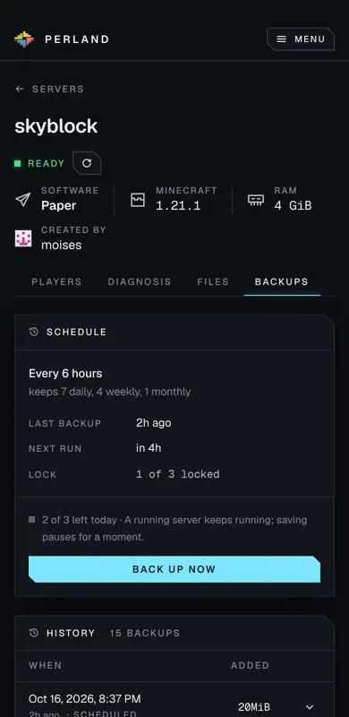 The Backups tab of skyblock: a history of fifteen scheduled and manual backups with when, kind, size added, total size and files changed, one with a warning, and a schedule panel: every 6 hours, keeping 7 daily, 4 weekly and 1 monthly, with Back up now.