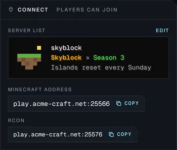 The Connect panel of a server named skyblock: its server list entry with icon and coloured MOTD, and the address players use to join.