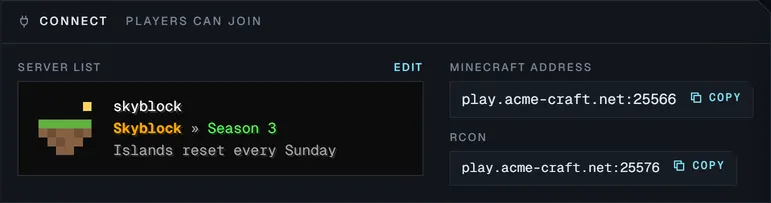 The Connect panel of a server named skyblock: its server list entry with icon and coloured MOTD, and the address players use to join.