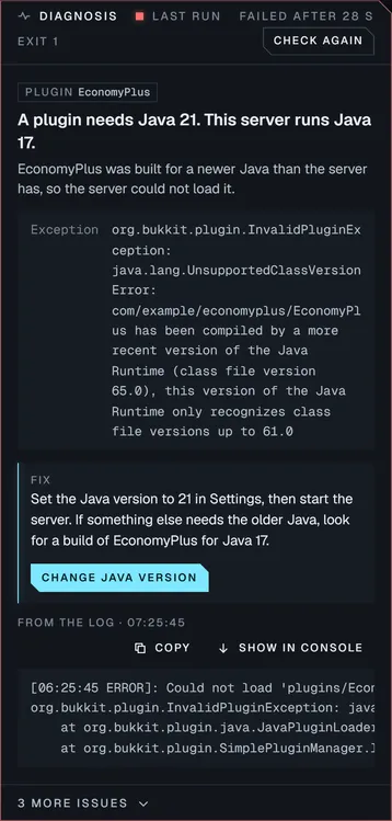 A diagnosis that reads: a plugin needs Java 21, this server runs Java 17. The fix offers a Change Java version button, with the log excerpt underneath.