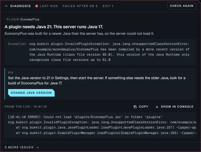 A diagnosis that reads: a plugin needs Java 21, this server runs Java 17. The fix offers a Change Java version button, with the log excerpt underneath.