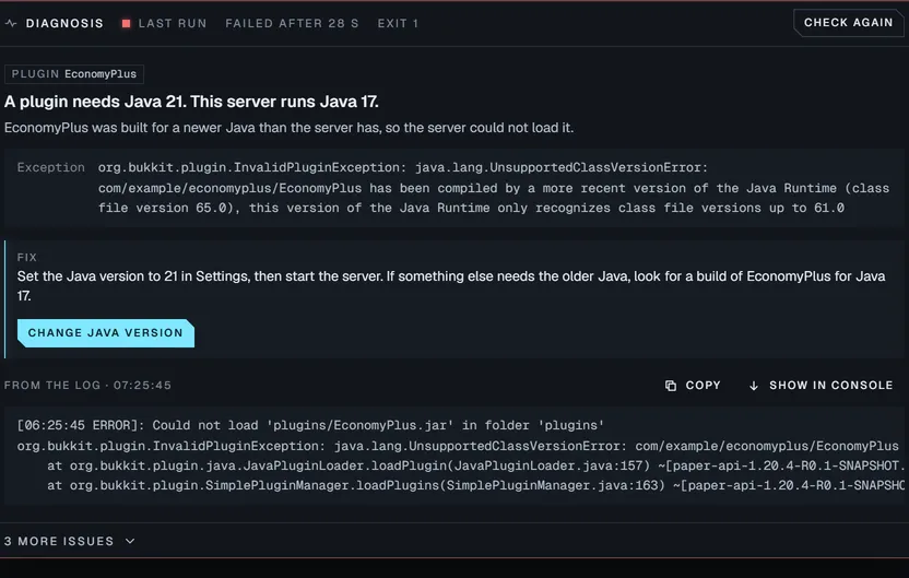 A diagnosis that reads: a plugin needs Java 21, this server runs Java 17. The fix offers a Change Java version button, with the log excerpt underneath.