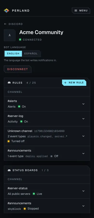 A connected Discord server, Acme Community: four notification rules with their channel, events, servers, mention and state, one turned off because its channel was deleted, and two status boards, one live and one stopped.