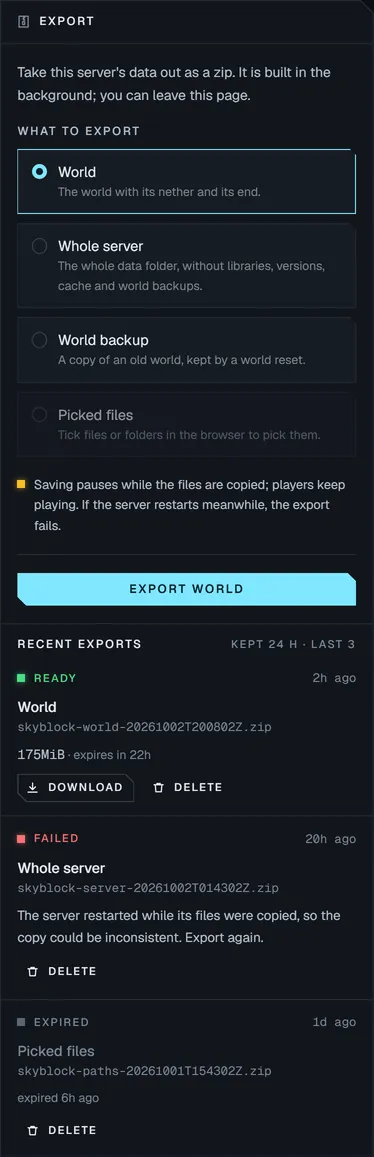 The Export panel: choose the world, the whole server, a world backup or picked files, with recent exports ready to download.