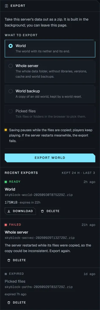 The Export panel: choose the world, the whole server, a world backup or picked files, with recent exports ready to download.