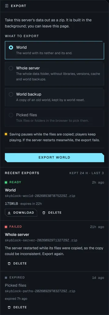The Export panel: choose the world, the whole server, a world backup or picked files, with recent exports ready to download.