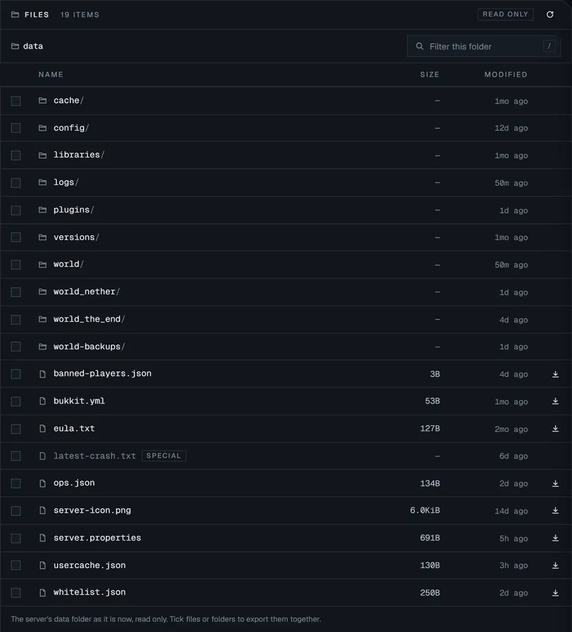 The Files tab listing a server's data folder: world, nether and end folders, plugins, server.properties, whitelist and ops.