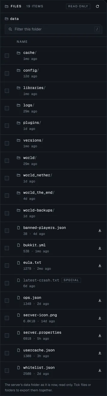 The Files tab listing a server's data folder: world, nether and end folders, plugins, server.properties, whitelist and ops.