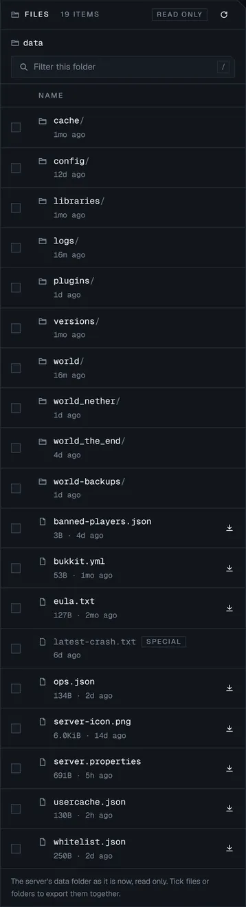 The Files tab listing a server's data folder: world, nether and end folders, plugins, server.properties, whitelist and ops.