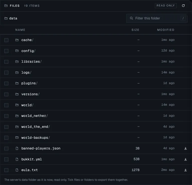 The Files tab listing a server's data folder: world, nether and end folders, plugins, server.properties, whitelist and ops.