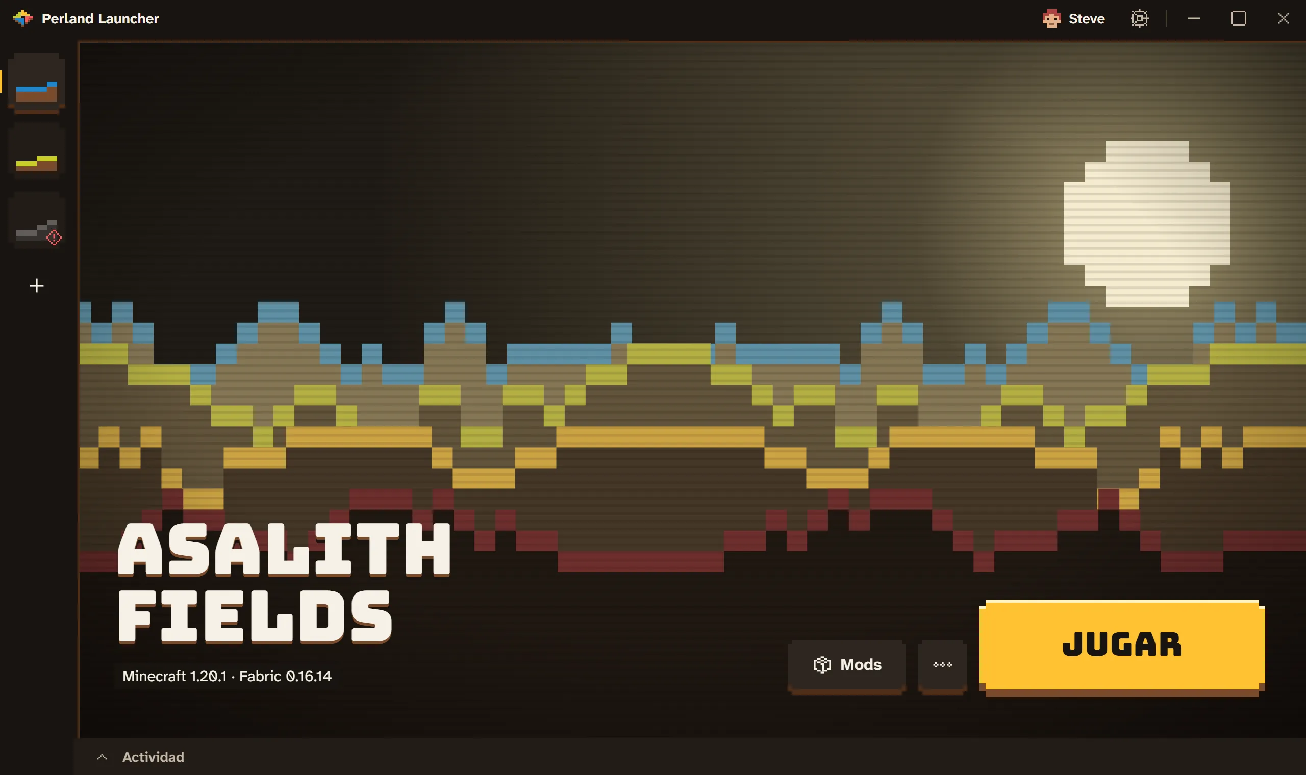 La pantalla de inicio del launcher: una fila de íconos de mundos a la izquierda, el mundo seleccionado Asalith Fields sobre un banner de paisaje pixelado, Minecraft 1.20.1 con Fabric y un gran botón ámbar de Jugar.