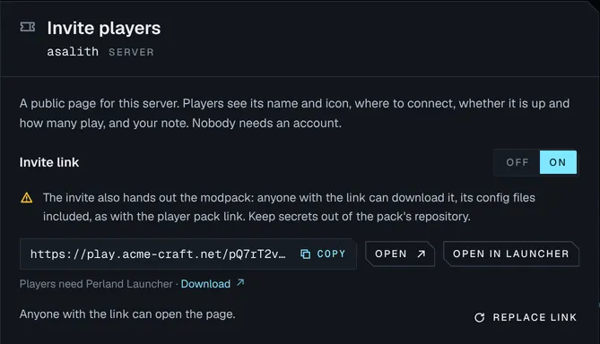 The invite dialog for the server asalith: the invite link is on, with Copy, Open and Open in launcher, and a line saying players need Perland Launcher with a Download link.