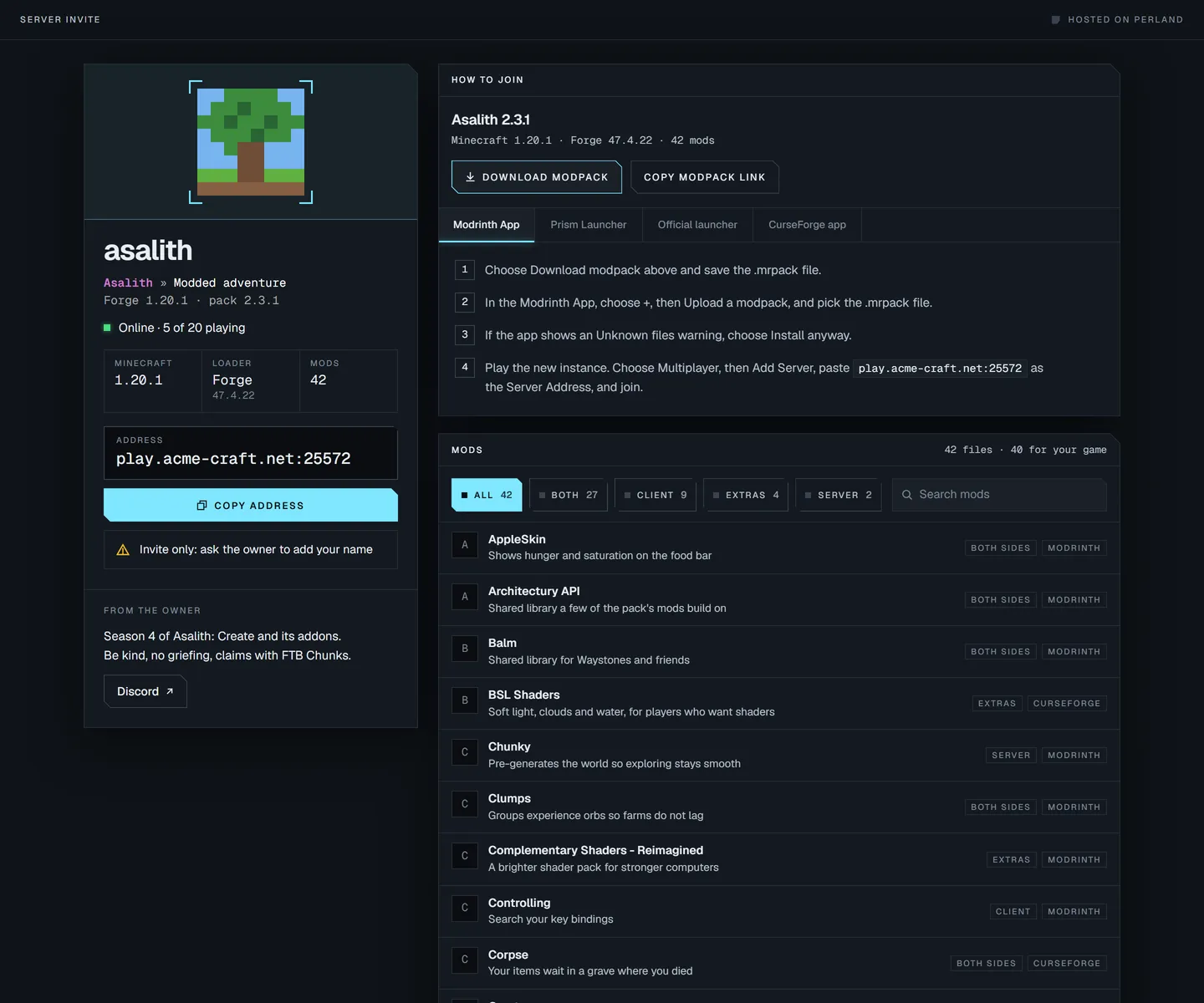 A server's invite page: asalith with its pixel icon and coloured MOTD, online with 5 of 20 playing, Forge 1.20.1, the address with Copy address, the owner's note and Discord link, a Download modpack button with steps for the Modrinth App, Prism Launcher, the official launcher and the CurseForge app, and the pack's 42 mods.