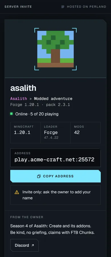 A server's invite page: asalith with its pixel icon and coloured MOTD, online with 5 of 20 playing, Forge 1.20.1, the address with Copy address, the owner's note and Discord link, a Download modpack button with steps for the Modrinth App, Prism Launcher, the official launcher and the CurseForge app, and the pack's 42 mods.