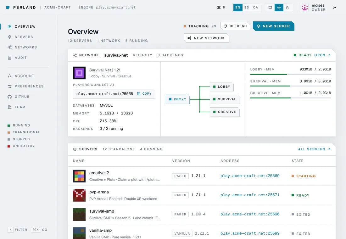 The Panel's overview in its light theme: a network with its wiring and the list of servers.