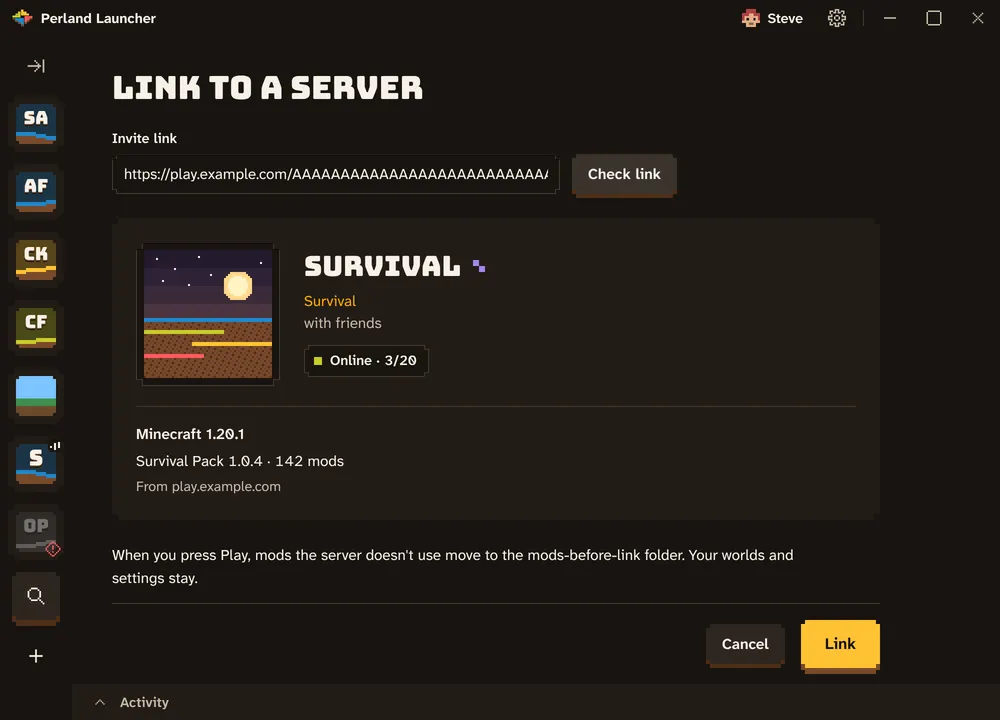 Perland Launcher's Link to a server screen: an invite link checked and showing the server Survival, online with 3 of 20 players, on Minecraft 1.20.1 with its 142-mod pack, and a lit Link button.
