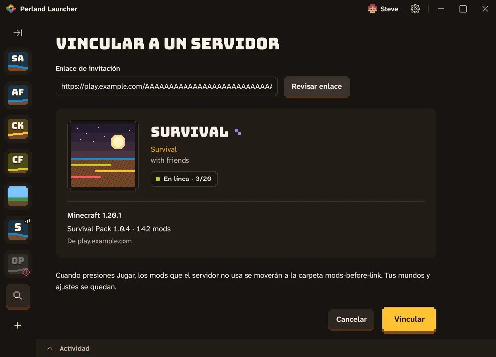 La pantalla Vincular a un servidor de Perland Launcher: un enlace de invitación comprobado que muestra el servidor Survival, en línea con 3 de 20 jugadores, en Minecraft 1.20.1 con su pack de 142 mods, y un botón Vincular encendido.