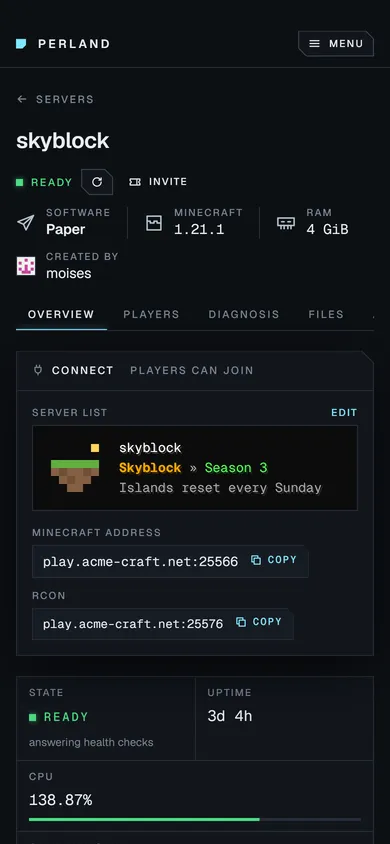 The server page on a phone: the skyblock server is ready, with its server list entry, address, uptime, CPU and memory.