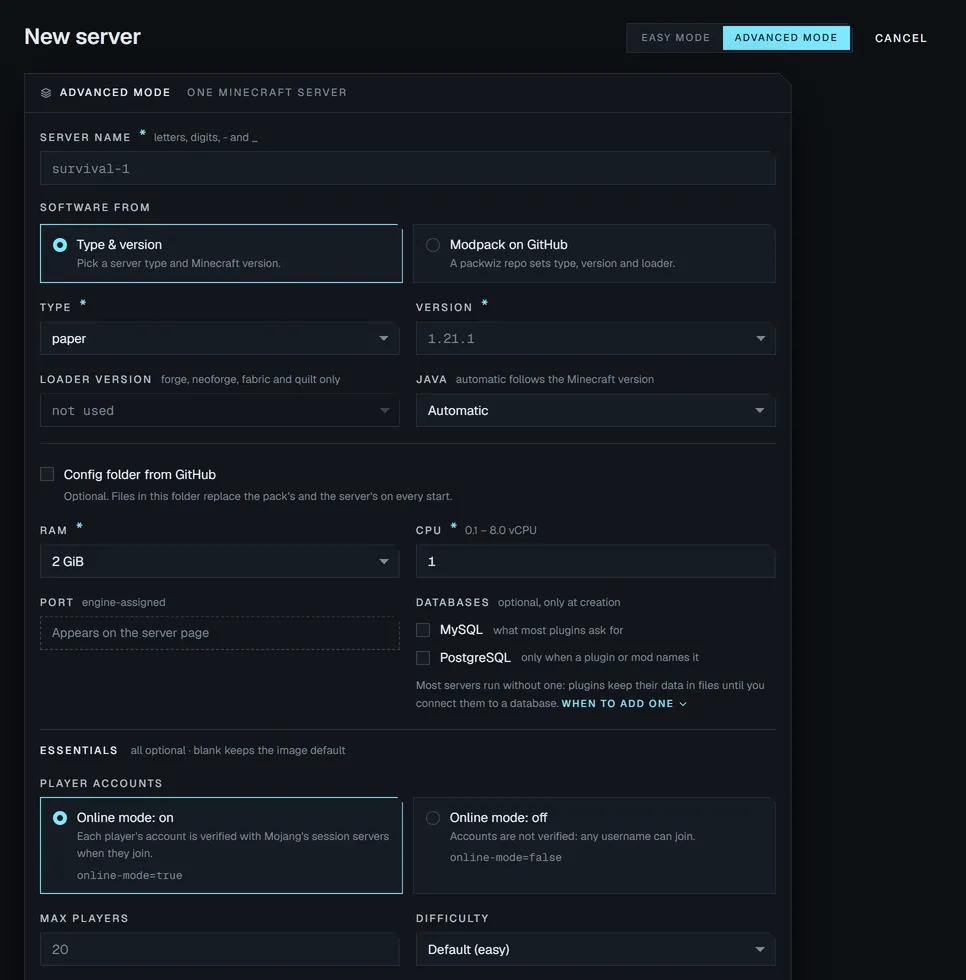 New server in Advanced mode: the server name, software from a type and version or from a modpack on GitHub, Paper 1.21.1 with Java chosen automatically, an optional config folder from GitHub, RAM and CPU, MySQL or PostgreSQL, online mode, max players and difficulty.