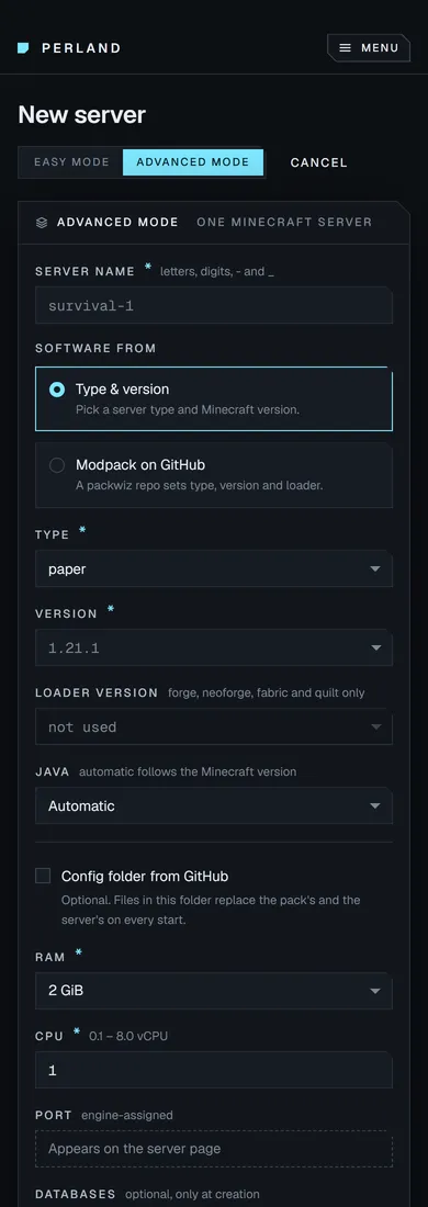 New server in Advanced mode: the server name, software from a type and version or from a modpack on GitHub, Paper 1.21.1 with Java chosen automatically, an optional config folder from GitHub, RAM and CPU, MySQL or PostgreSQL, online mode, max players and difficulty.