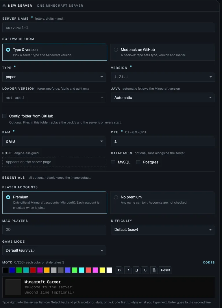 The New server form: server name, software type and version, memory and CPU, premium or no-premium accounts, max players, difficulty, game mode and the MOTD editor.