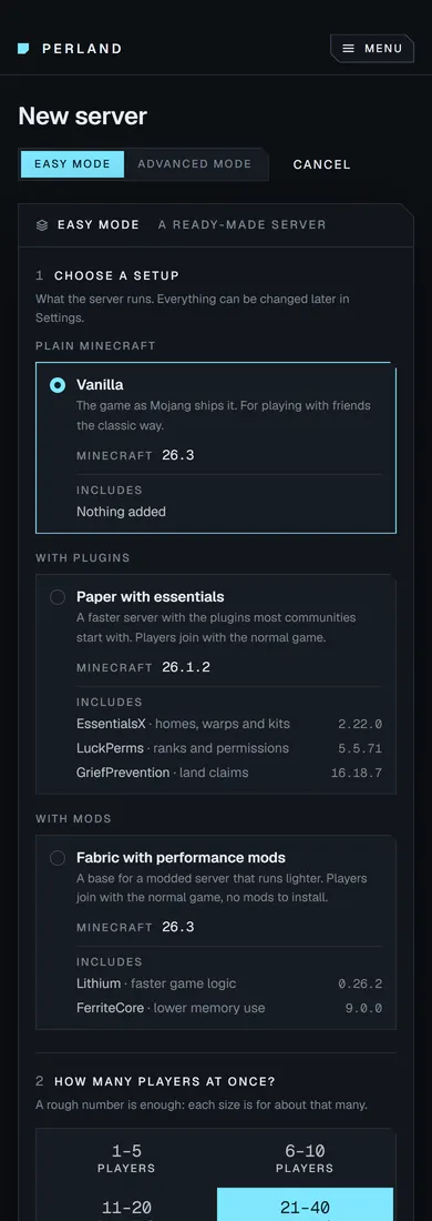New server in Easy mode: three ready-made setups (Vanilla, Paper with essential plugins, Fabric with performance mods), a player count from 1–5 up to 21–40 that sets 6 GiB of memory and 3 vCPU, then the server name, game mode and difficulty.