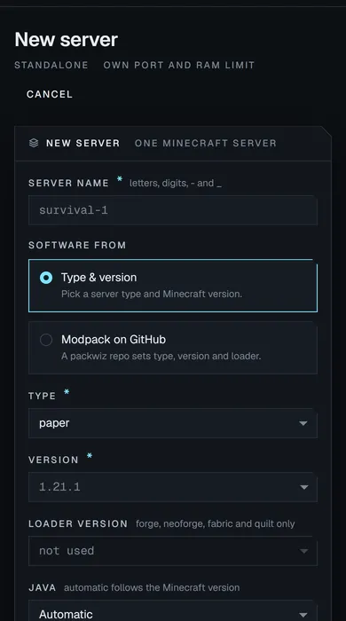 The New server form: server name, software type and version, memory and CPU, premium or no-premium accounts, max players, difficulty, game mode and the MOTD editor.