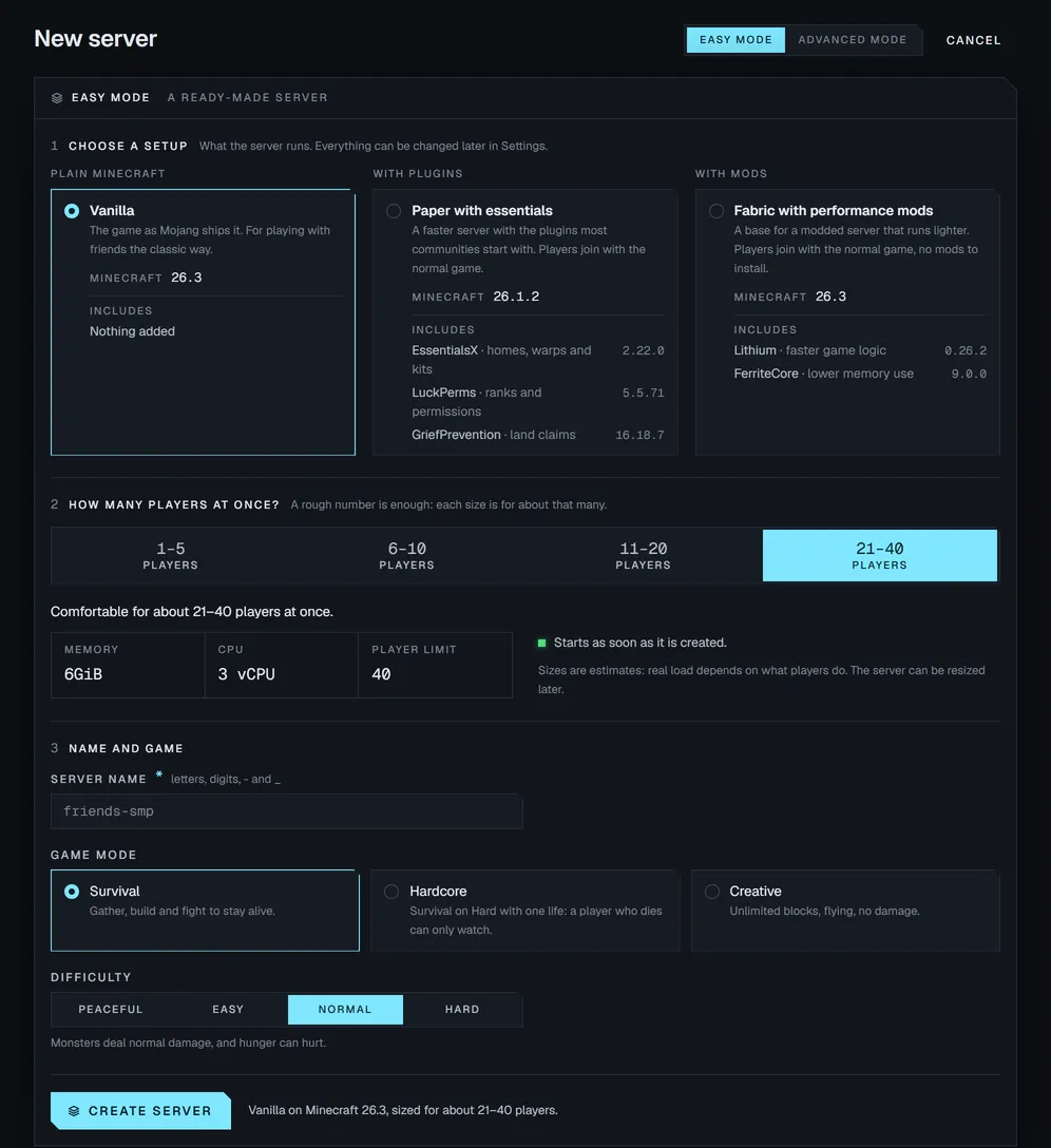 New server in Easy mode: three ready-made setups (Vanilla, Paper with essential plugins, Fabric with performance mods), a player count from 1–5 up to 21–40 that sets 6 GiB of memory and 3 vCPU, then the server name, game mode and difficulty.
