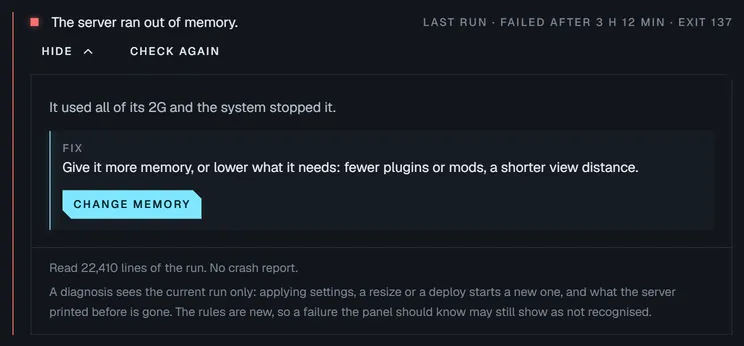 A diagnosis that reads: the server ran out of memory. The fix suggests more memory or fewer plugins, with a Change memory button.