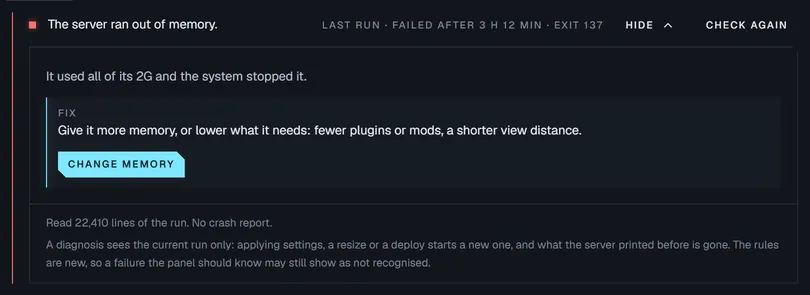 A diagnosis that reads: the server ran out of memory. The fix suggests more memory or fewer plugins, with a Change memory button.