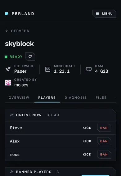 The Players tab: three players online with Kick and Ban, and a ban list with reasons, who banned and when each ban expires.