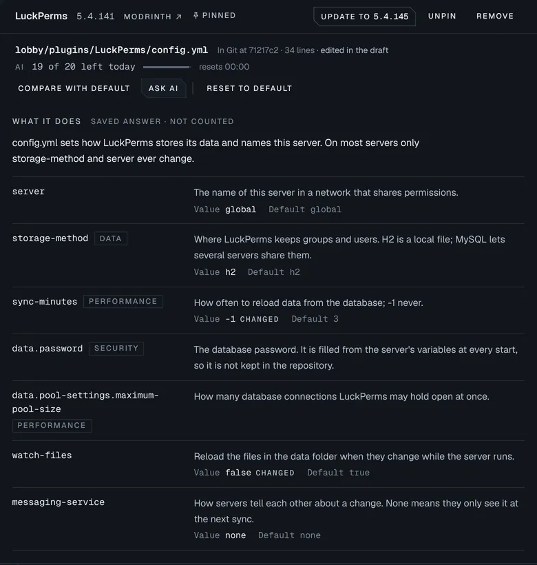 LuckPerms' config.yml explained: a summary of what the file does, then each setting with its meaning, its value and default, and tags for settings that touch data, performance or security.