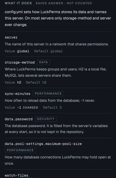LuckPerms' config.yml explained: a summary of what the file does, then each setting with its meaning, its value and default, and tags for settings that touch data, performance or security.