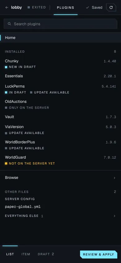 Plugin Studio on a Paper 1.21.1 server: the installed plugins with their versions and states, a list of what needs attention (a shared draft waiting to be applied, WorldGuard missing WorldEdit, three updates, a plugin only on the server), and the draft beside it with Chunky added and a LuckPerms config edited.