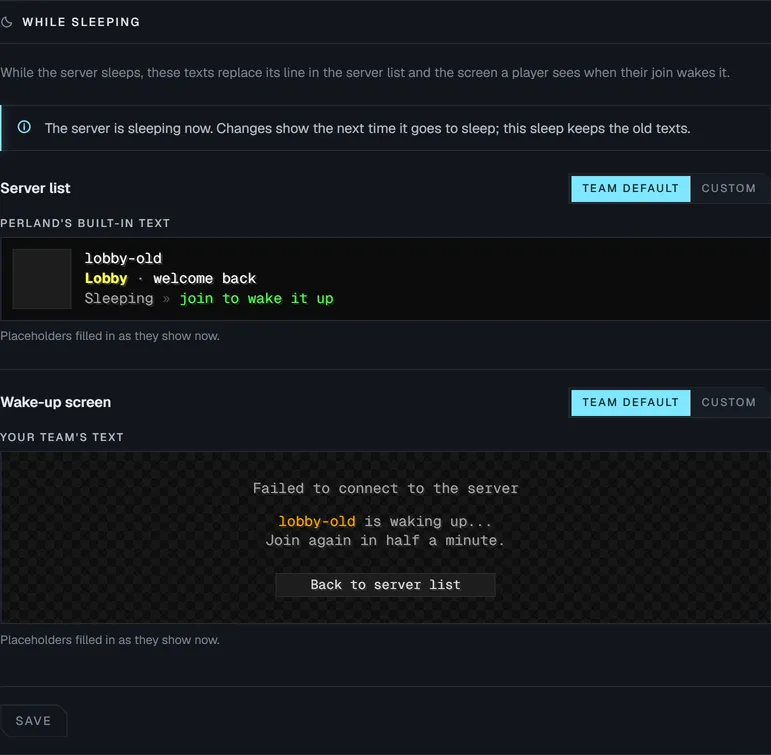 Sleep messages for a server: the server list line reads Sleeping, join to wake it up, and the wake-up screen tells the player to join again in half a minute.
