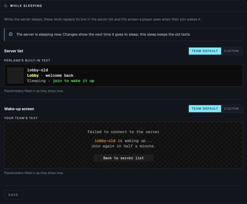 Sleep messages for a server: the server list line reads Sleeping, join to wake it up, and the wake-up screen tells the player to join again in half a minute.