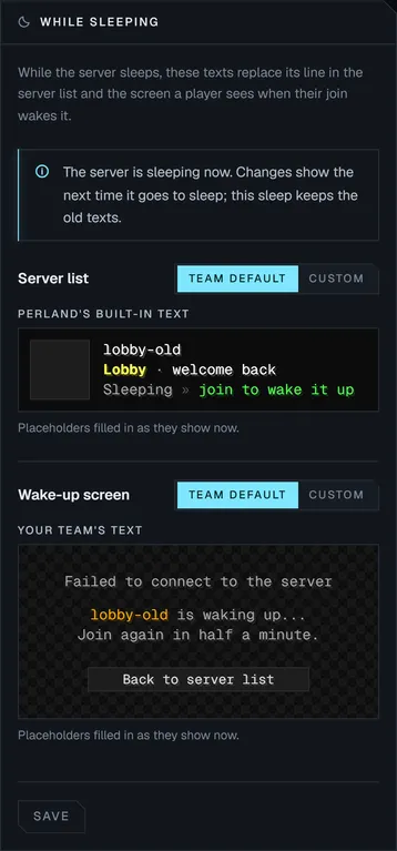 Sleep messages for a server: the server list line reads Sleeping, join to wake it up, and the wake-up screen tells the player to join again in half a minute.