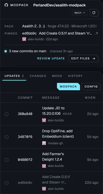 The Sources tab of a Forge server: a modpack and a config folder pinned to GitHub commits, three new commits waiting for review, and a deploy panel.