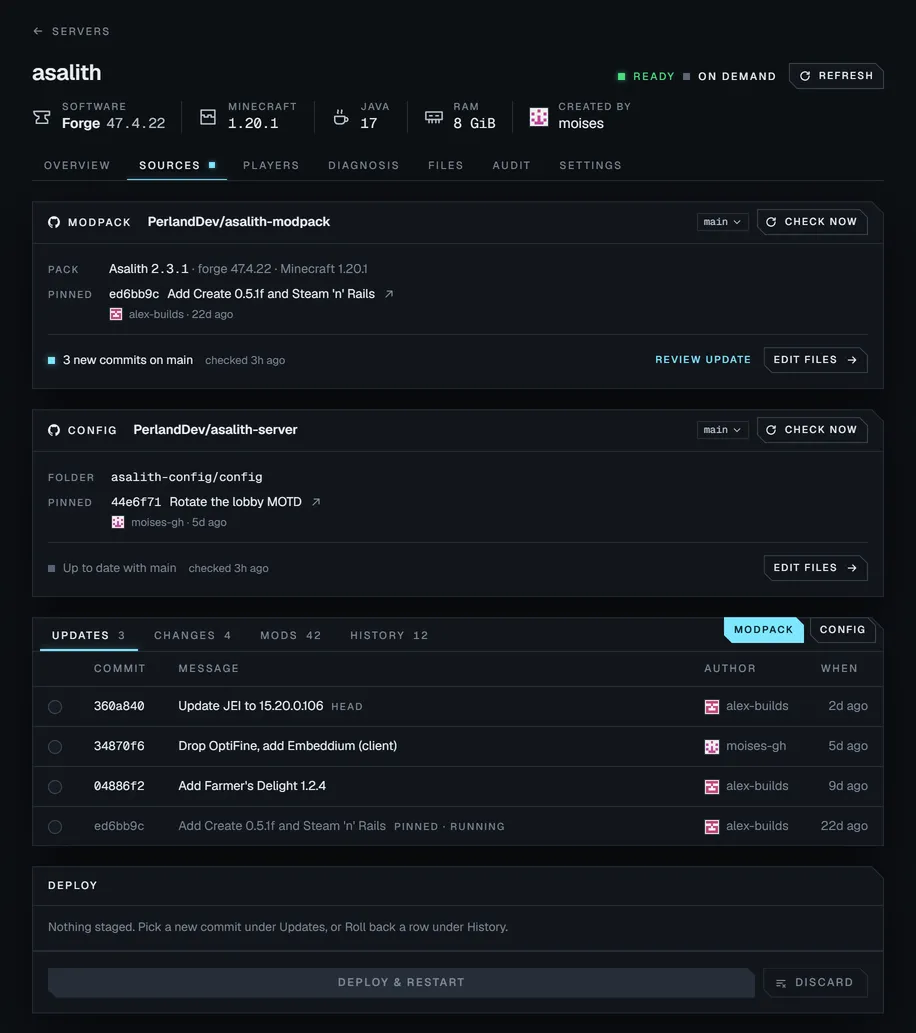 The Sources tab of a Forge server: a modpack and a config folder pinned to GitHub commits, three new commits waiting for review, and a deploy panel.