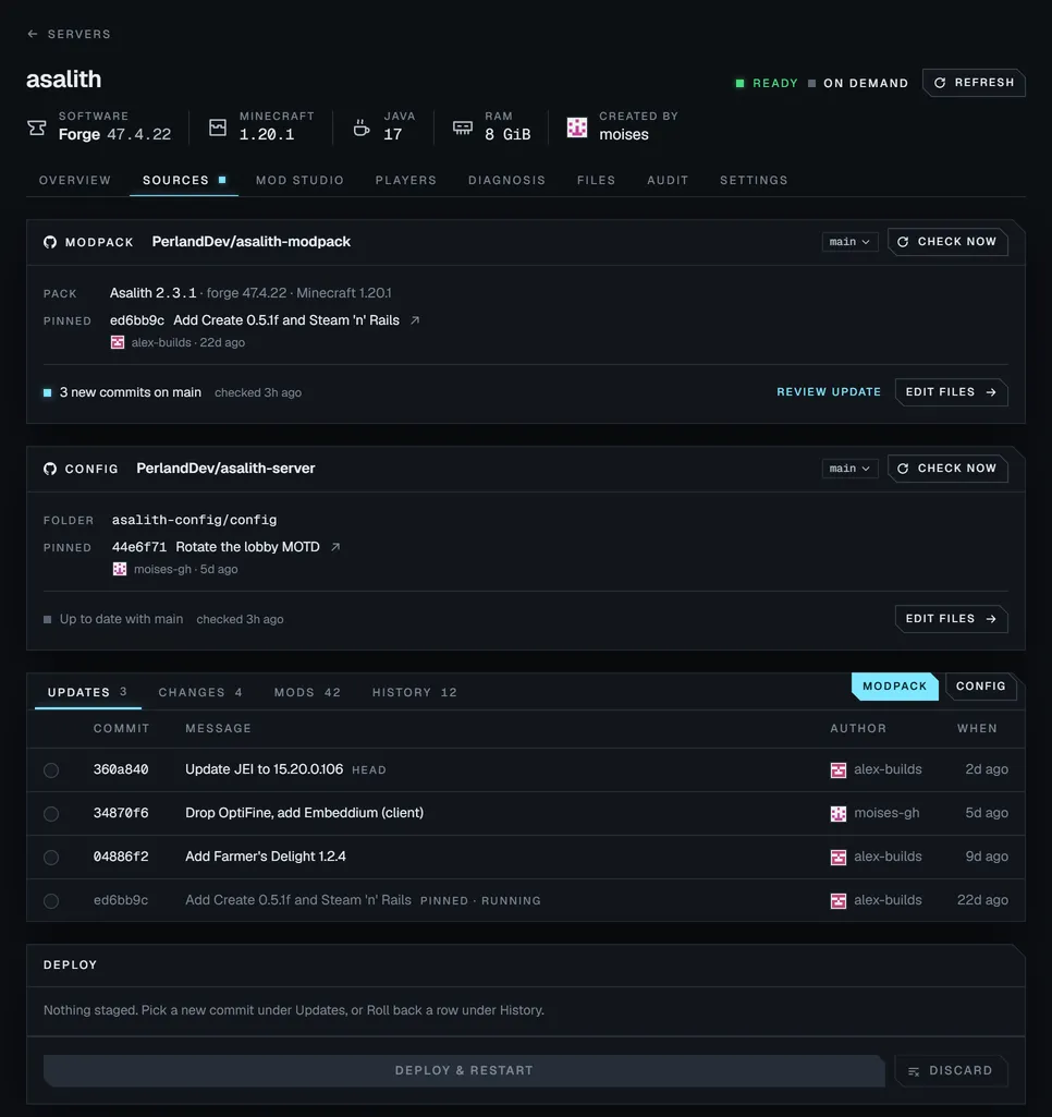 The Sources tab of a Forge server: a modpack and a config folder pinned to GitHub commits, three new commits waiting for review, and a deploy panel.