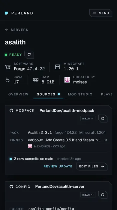 The Sources tab of a Forge server: a modpack and a config folder pinned to GitHub commits, three new commits waiting for review, and a deploy panel.