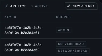 API keys for a customer: one admin key and one key limited to reading servers and networks, each with a Revoke button.