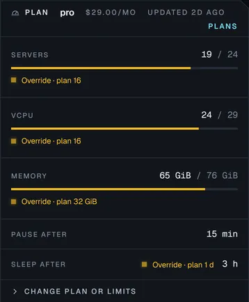 A customer's plan in the admin console: servers, vCPU and memory used against their limits, with overrides and idle rules.