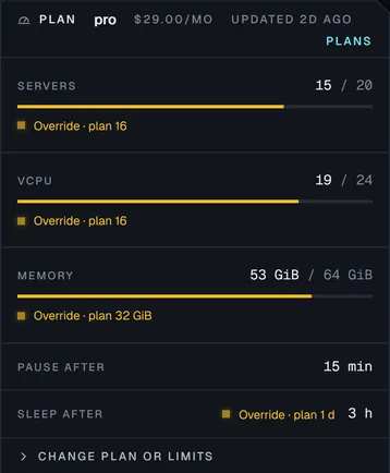 A customer's plan in the admin console: servers, vCPU and memory used against their limits, with overrides and idle rules.