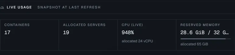 Live usage for a customer: allocated servers, CPU and memory in use right now.